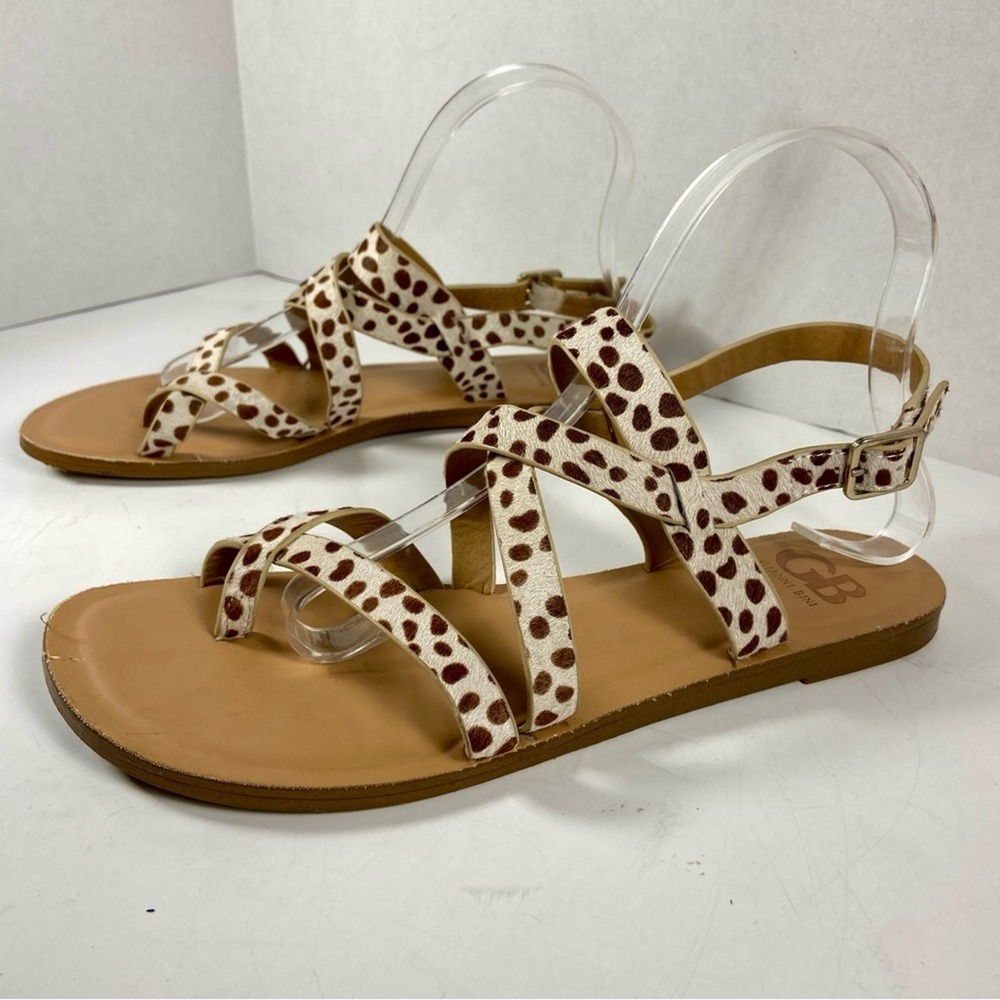 Gianni Bini Sandals Animal Print Calf Hair Strappy Flat Brown White 8M